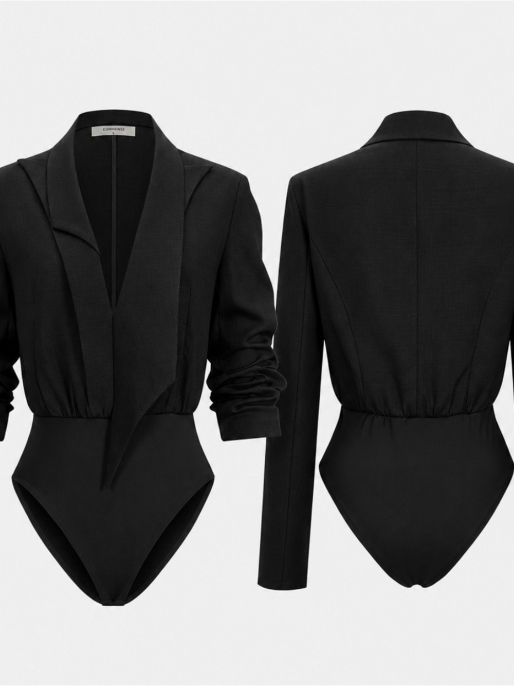 Commense Black Draped Collar Long-Sleeve Bodysuit